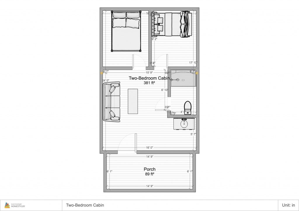 A two-bedroom cabin layout with a bedroom, bathroom, and porch.