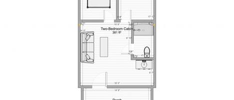 A two-bedroom cabin layout with a bedroom, bathroom, and porch.