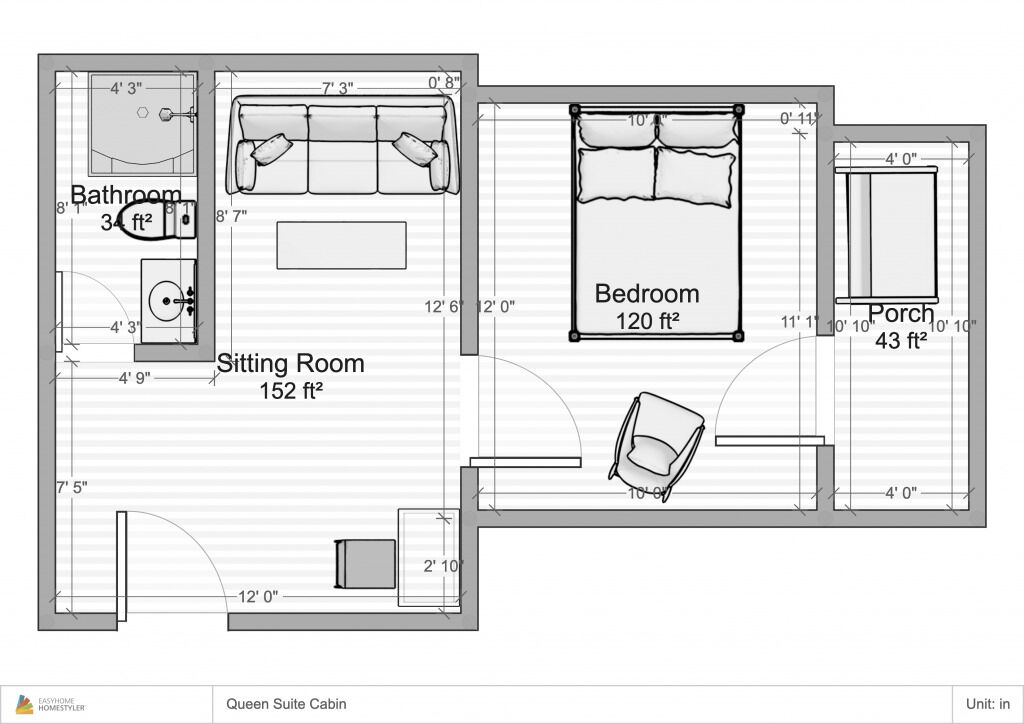 Plan d’étage d’une cabine de type « Queen Suite », comprenant un salon, une chambre, une salle de bain et une véranda.