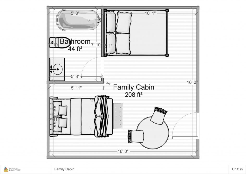 A floor plan of a family cabin with a bathroom, a family cabin area of 208 ft², and a 16'0" room.