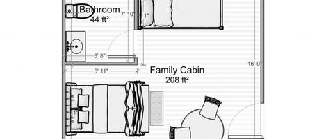 A floor plan of a family cabin with a bathroom, a family cabin area of 208 ft², and a 16'0" room.