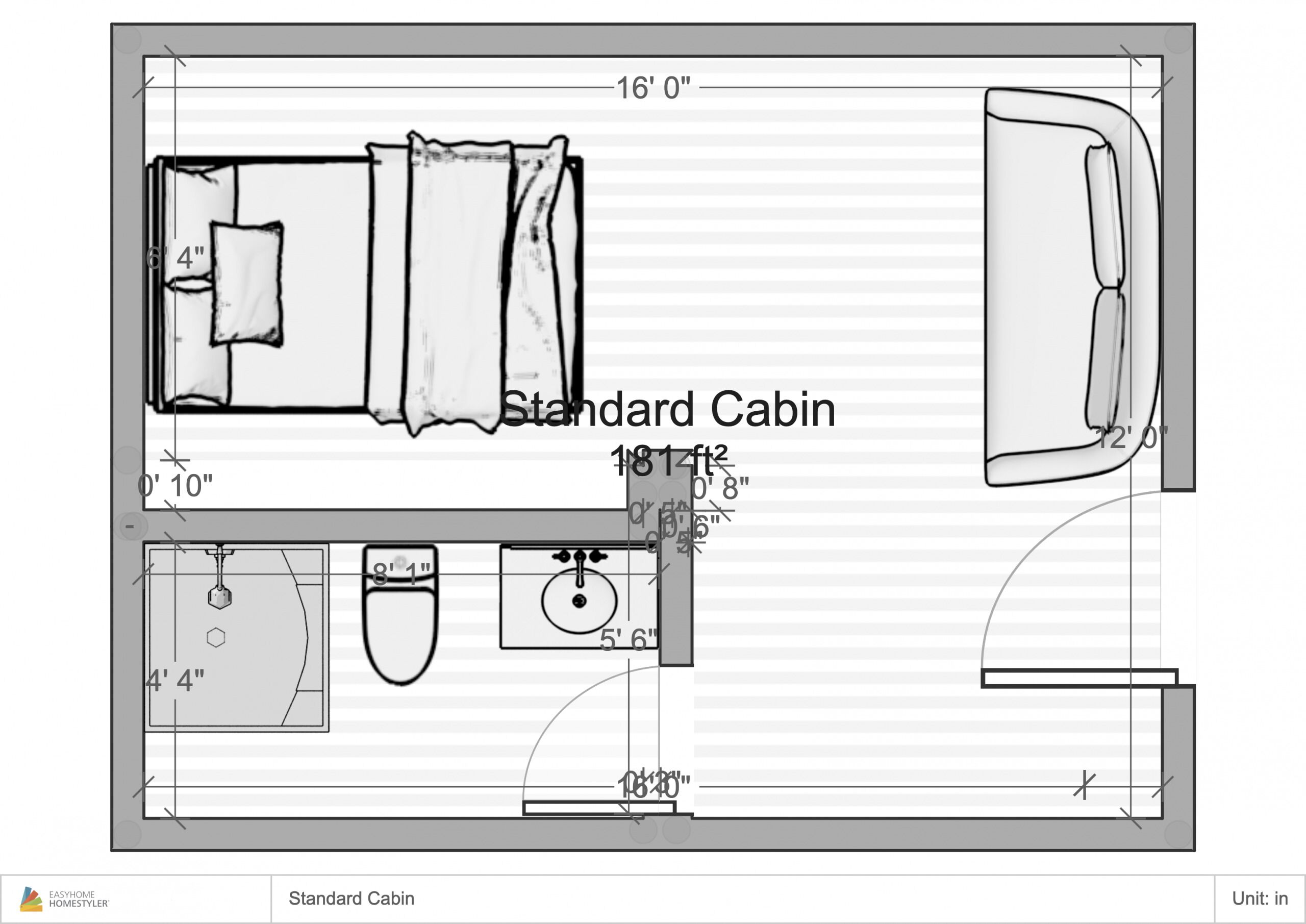 A standard cabin layout with a bed, a sink, a toilet, and a shower area.