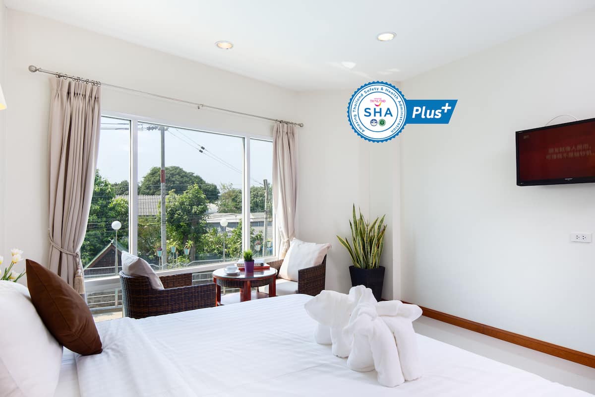A hotel room with a bed, a TV, a window with curtains, a plant, and a view of the outside.