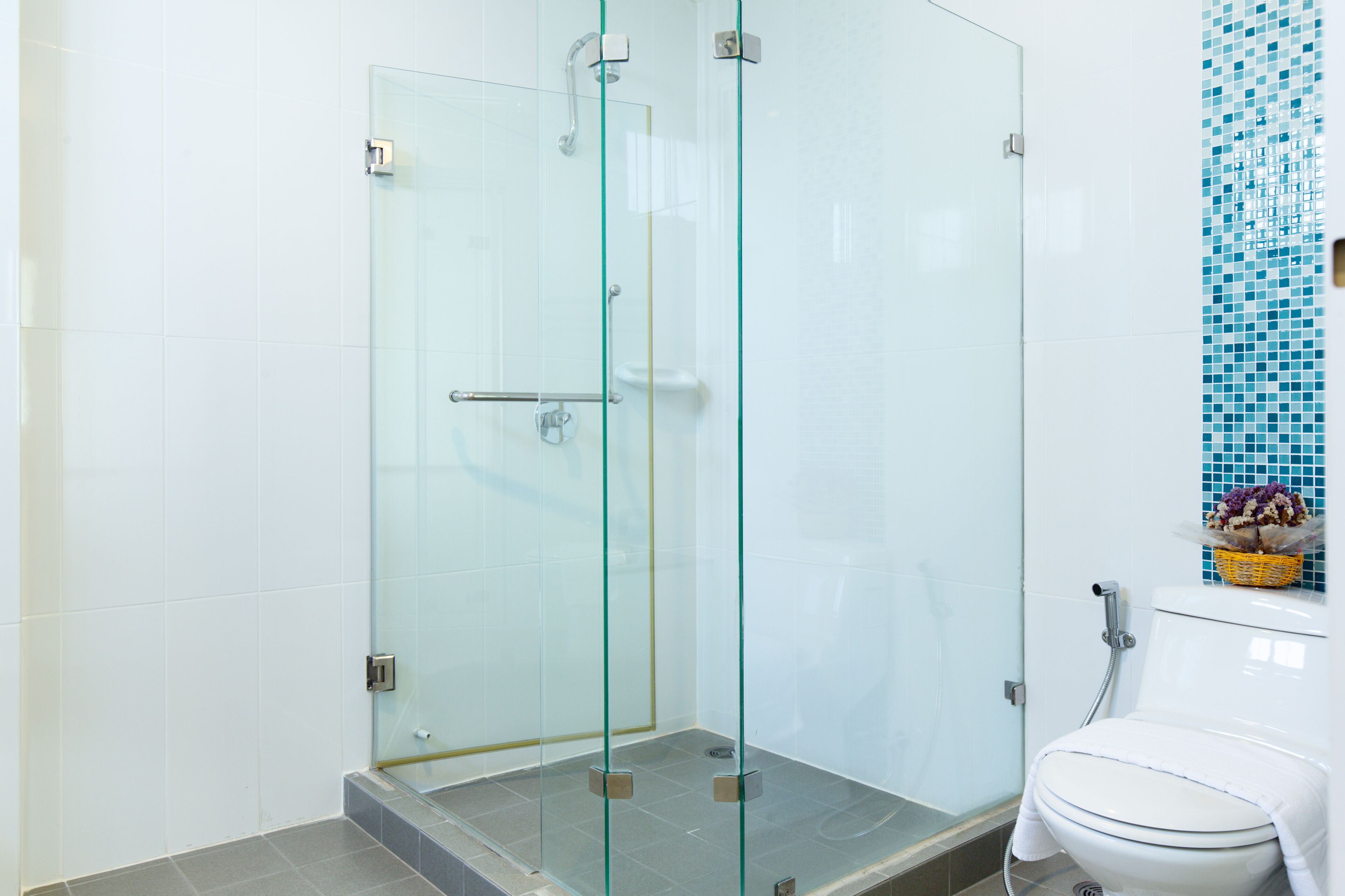 A glass-enclosed shower stall with a glass door, a white toilet, and a blue mosaic tile backsplash.