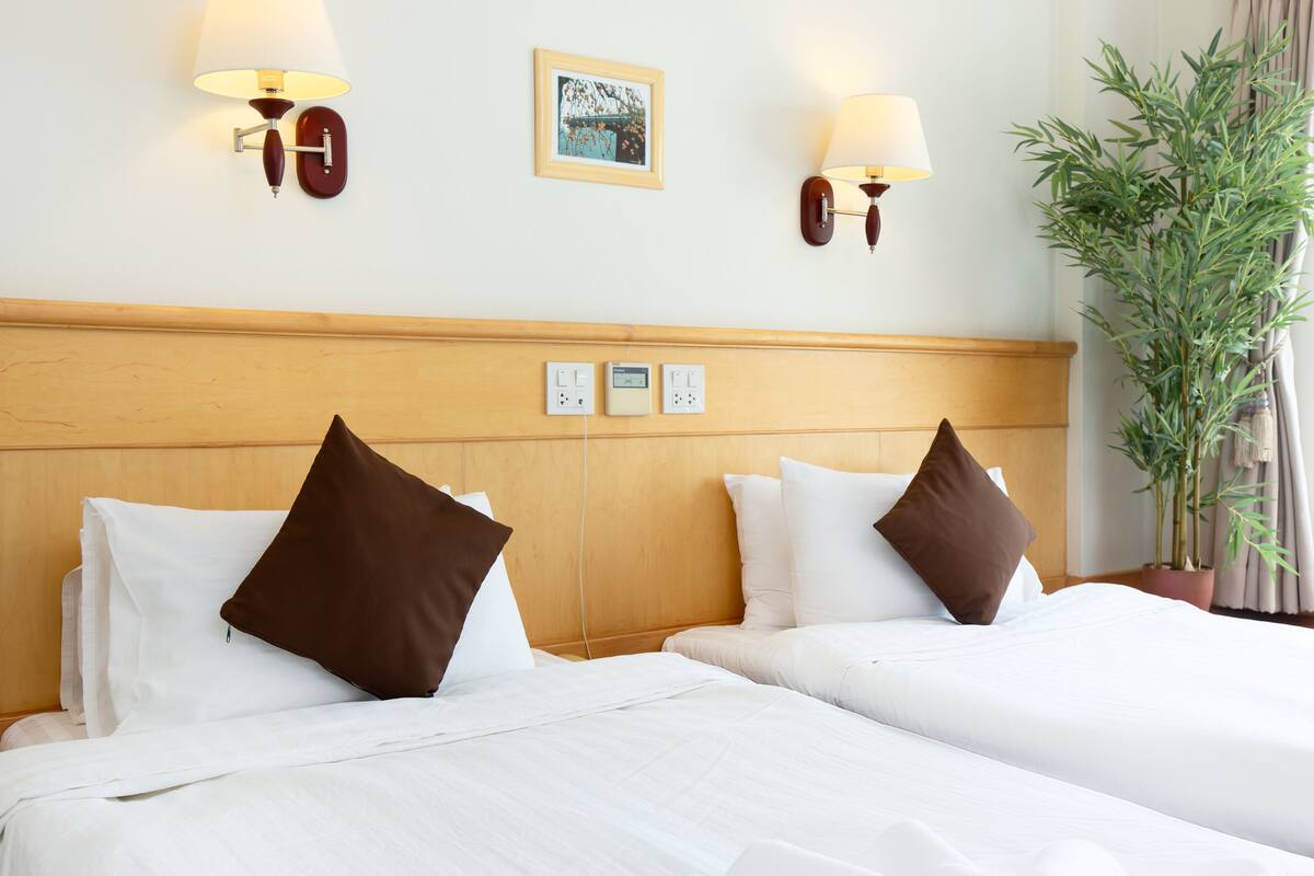A hotel room with two beds, wooden headboard, wall-mounted lamps, a small painting, electrical outlets, and a potted plant.