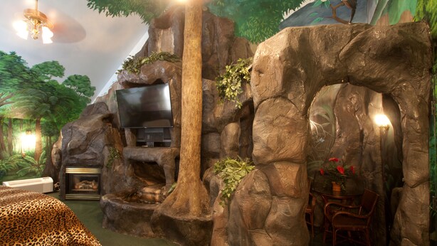 A room with a large rock wall, a flat-screen TV mounted on it, a fireplace, a dining table with chairs, and a leopard-print sofa. - Black Swan Inn (Pocatello)