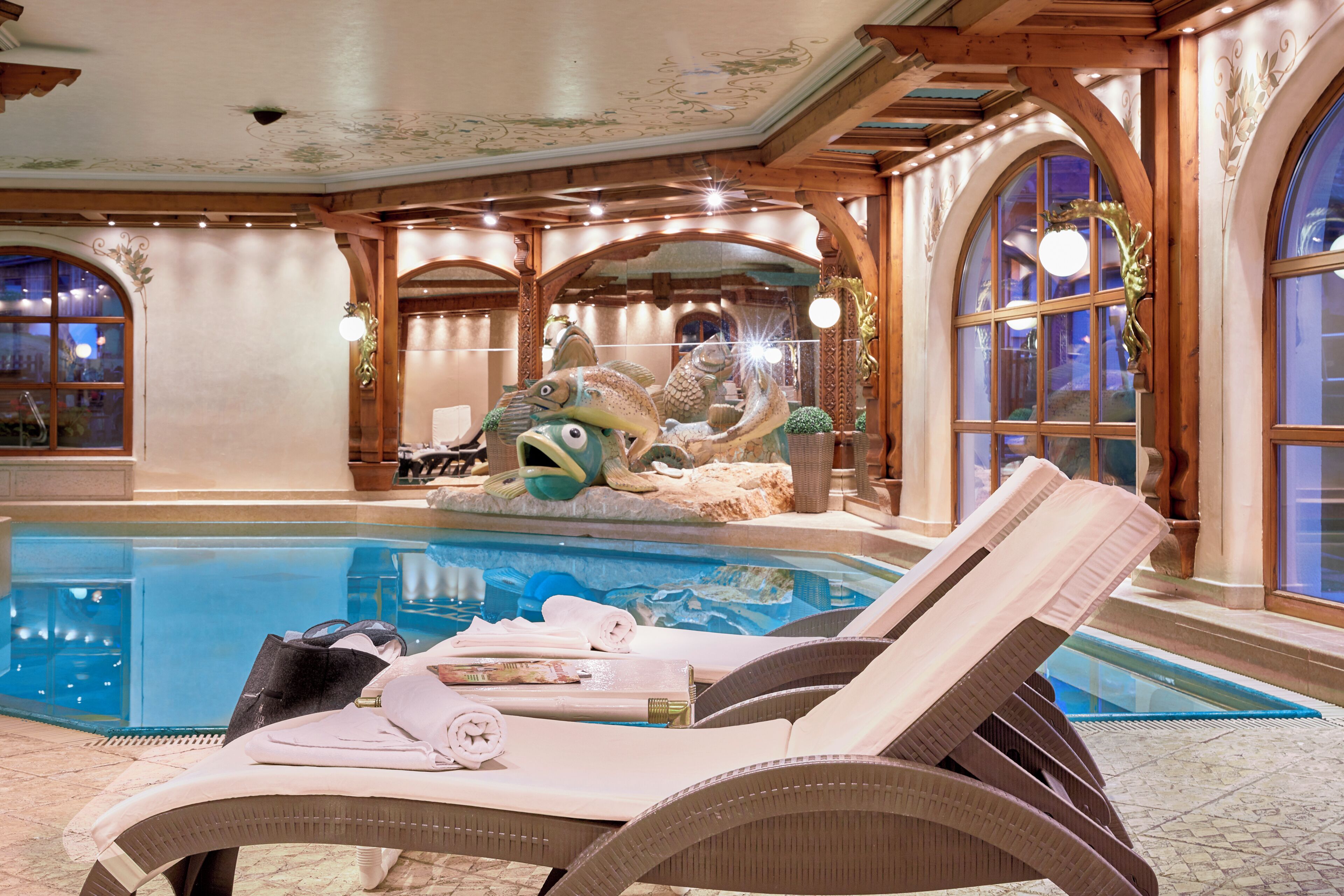 Indoor pool, outdoor pool, pool loungers