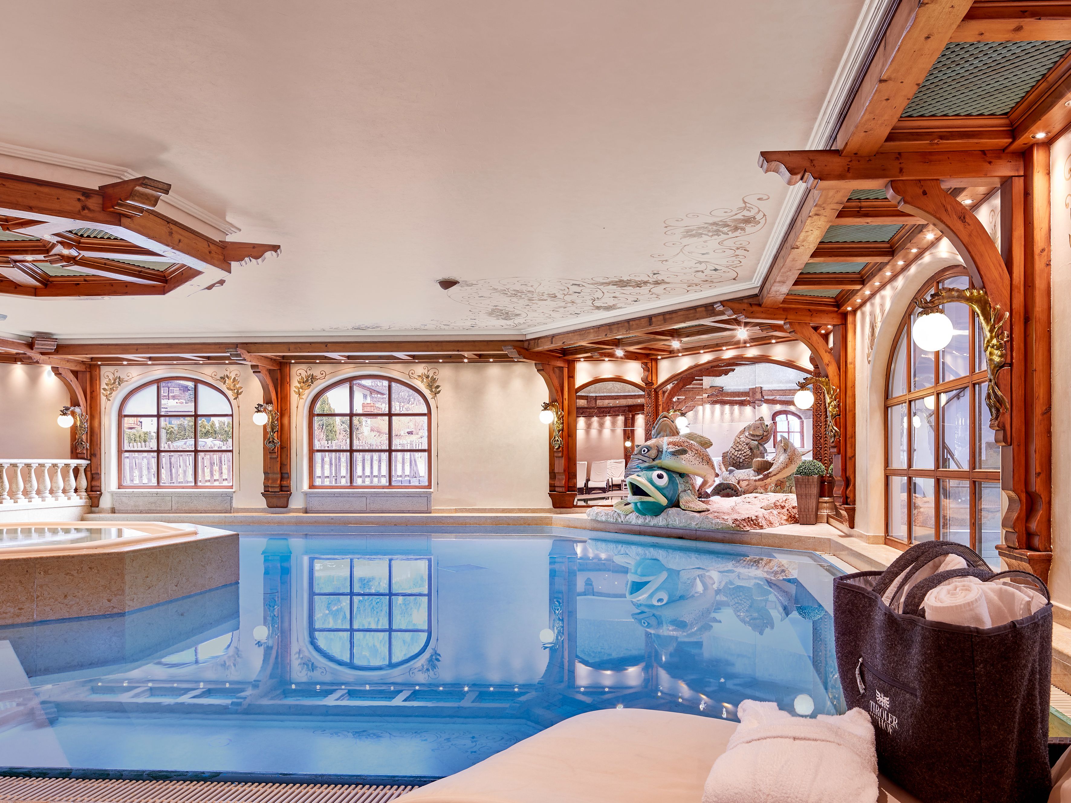indoor pool, outdoor pool, pool loungers