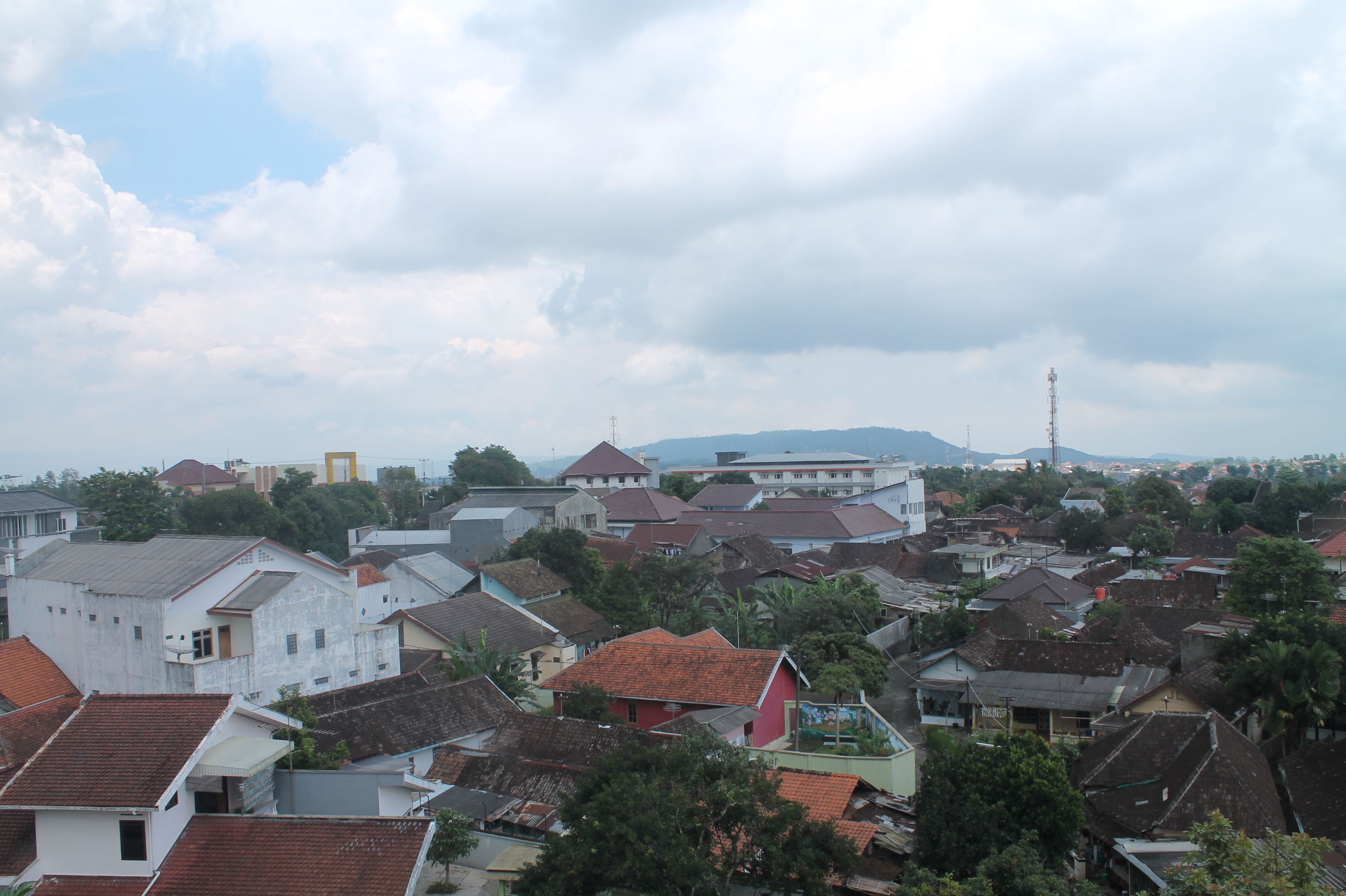 A densely packed urban area with a variety of building styles and a prominent communication tower in the distance.