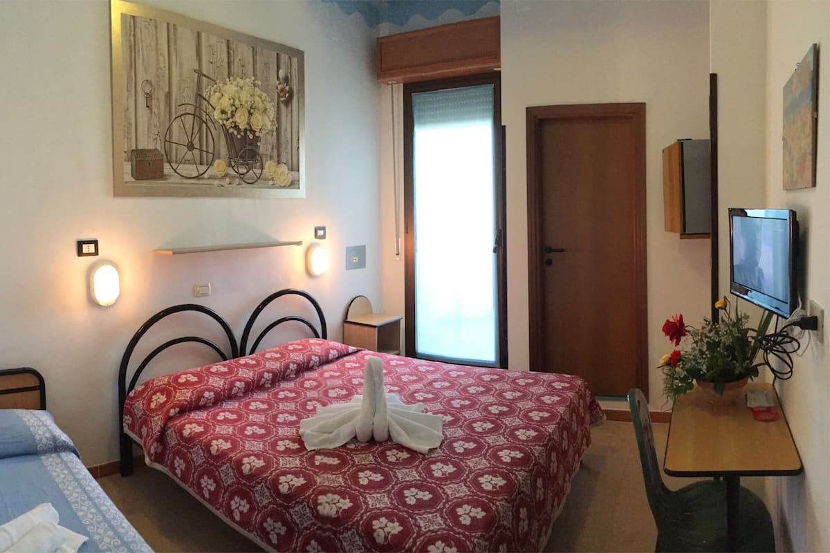 A bedroom with a bed, a desk, a chair, a television, a door, and a window.