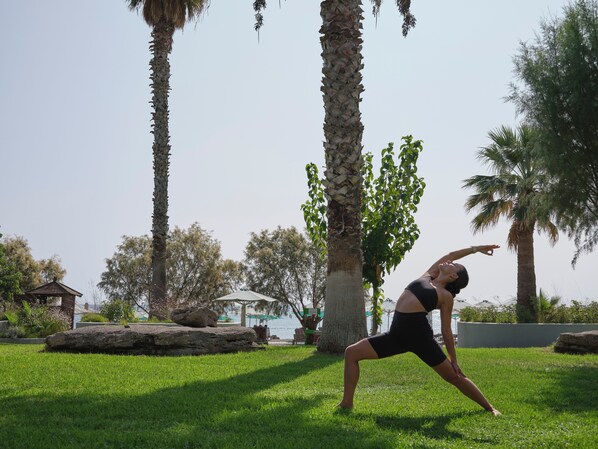 A person performing a yoga pose outdoors with palm trees and a clear sky in the background.