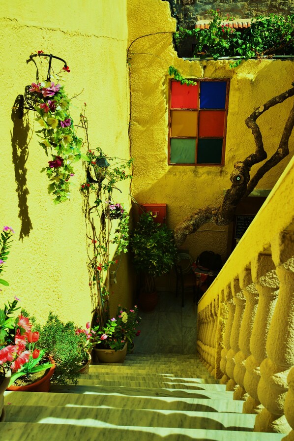 A narrow, sunlit stairway with a yellow wall, a colorful window, and potted plants.