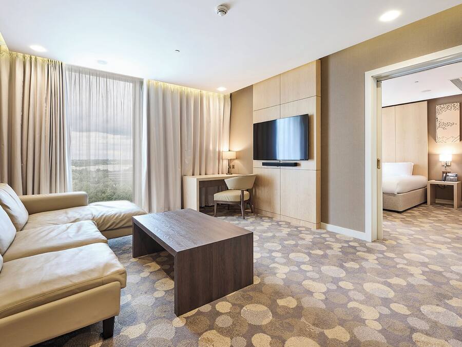 Una habitación de hotel con sofá, escritorio, televisor y cama.