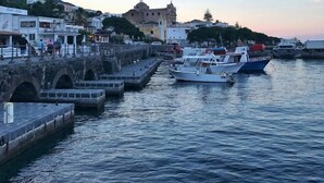 Un puerto con barcos amarrados, un puente y edificios al fondo.