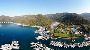 Vista aérea de un puerto deportivo con numerosos barcos amarrados, rodeado de exuberantes colinas verdes y un cielo despejado.