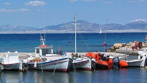 A marina with several boats docked, a rocky shoreline, and mountains in the background. - Blue Dolphin Aegina (Aegina)