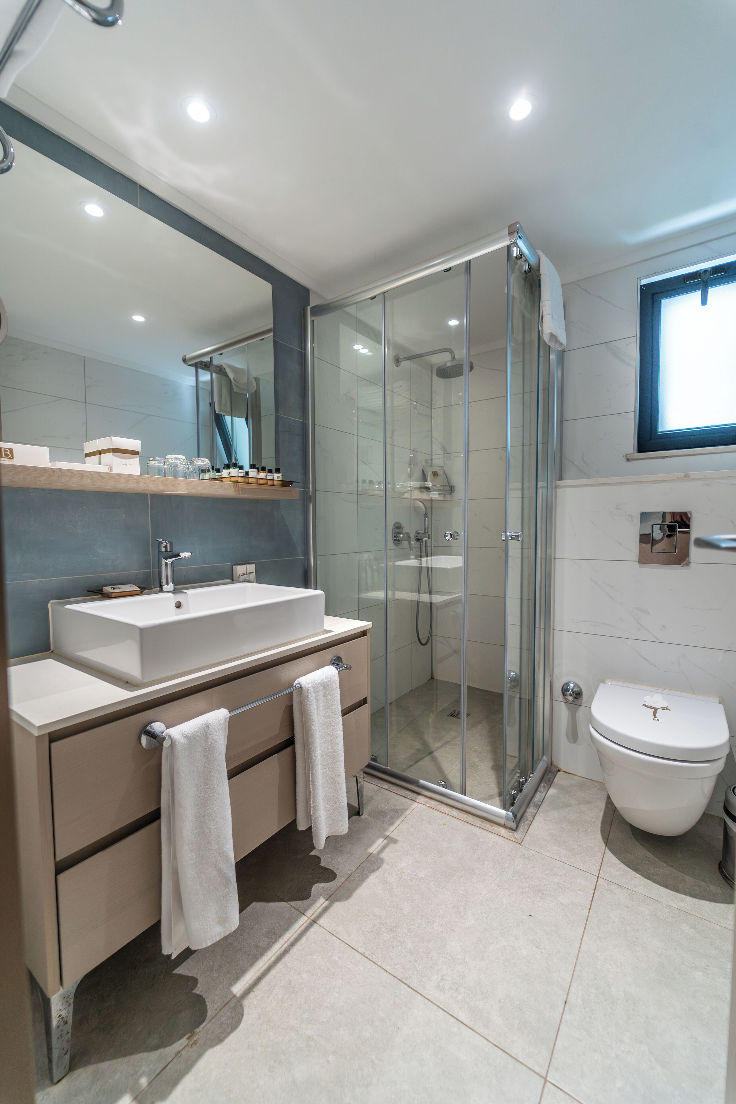 A modern bathroom with a glass-enclosed shower, a large sink, and a toilet.