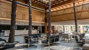 A spacious lobby with high ceilings, wooden beams, and large trees. There are multiple seating areas with modern furniture. - Baia Salima Kemer (Kemer)