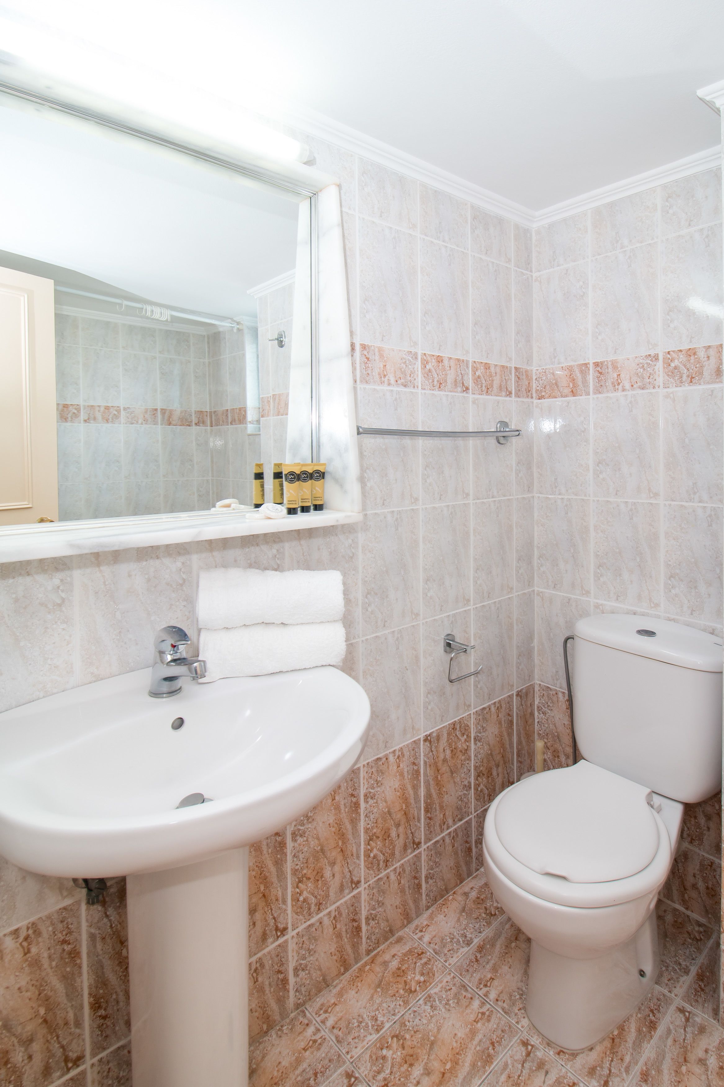 A bathroom with a sink, mirror, toilet, and a shelf with toiletries.