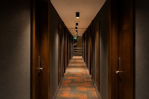 A long, narrow hallway with wooden doors on both sides, a patterned carpet, and a ceiling light fixture. - The Biancho Hotel Pera (Istanbul)