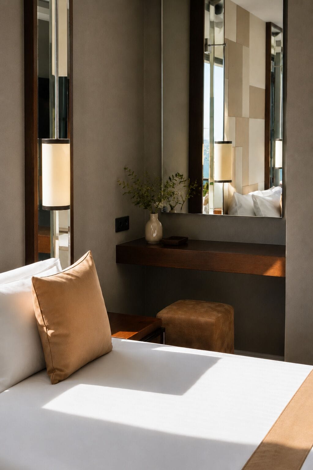 Habitación de hotel con cama, mesita de noche, espejo, un jarrón con flores y vista al interior de la habitación.