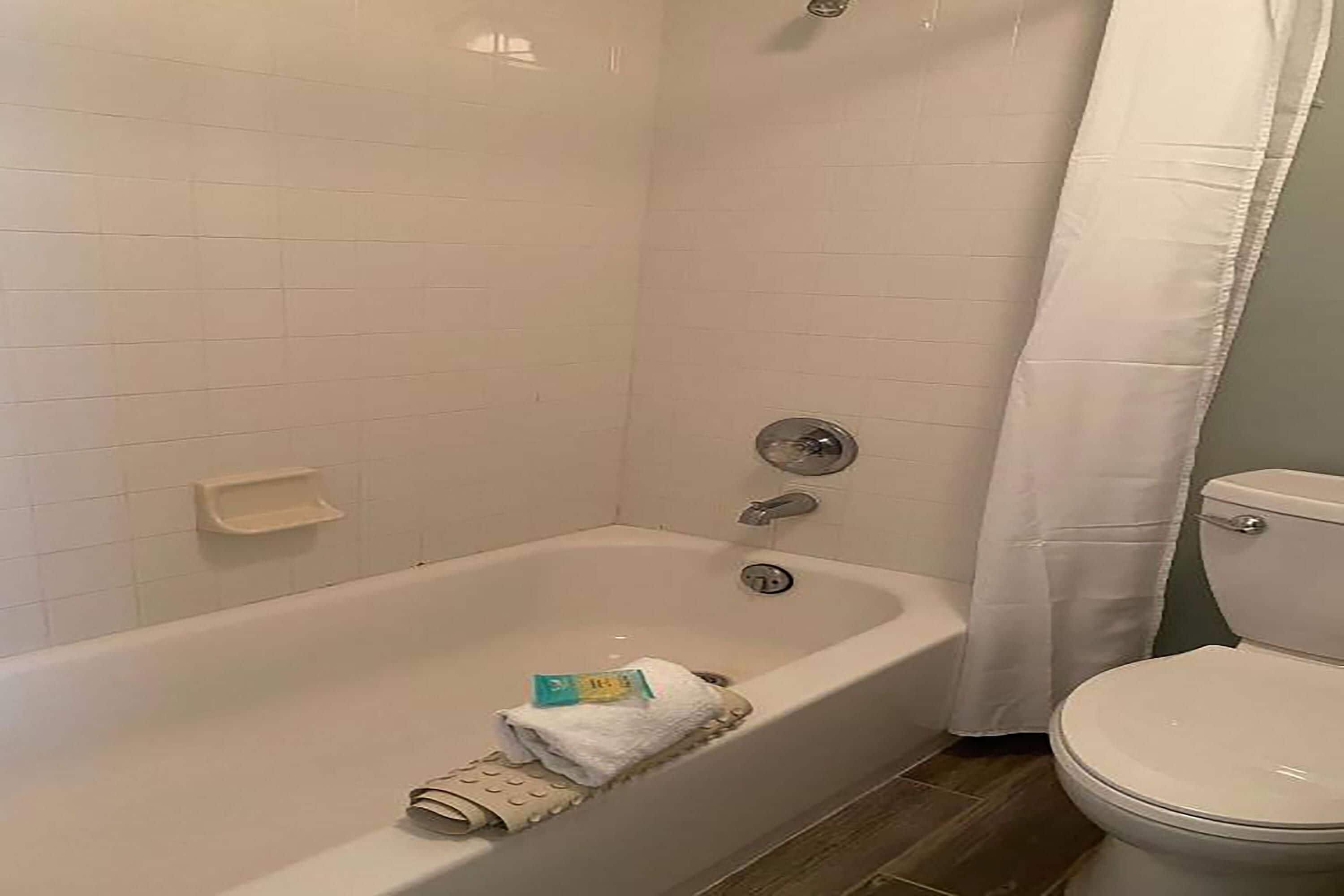 A bathroom with a bathtub, toilet, and a shower curtain.