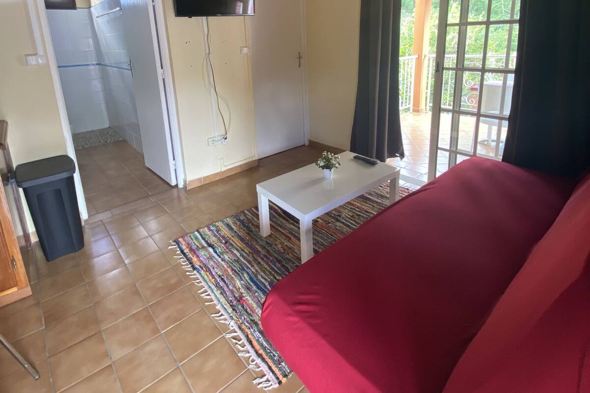 Una sala de estar con un sofá rojo, una mesa de centro blanca, un televisor montado en la pared y vistas al exterior a través de una puerta de vidrio.