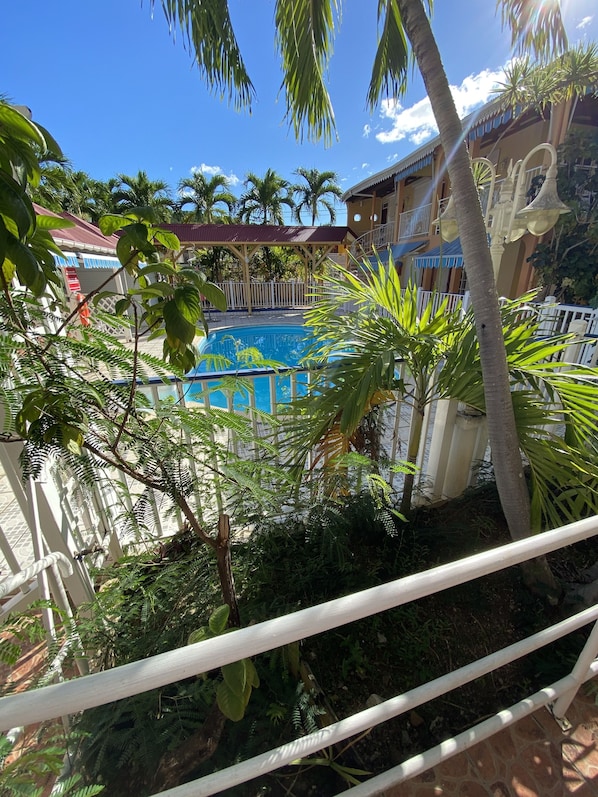 A pool surrounded by lush greenery and a building with a red roof.