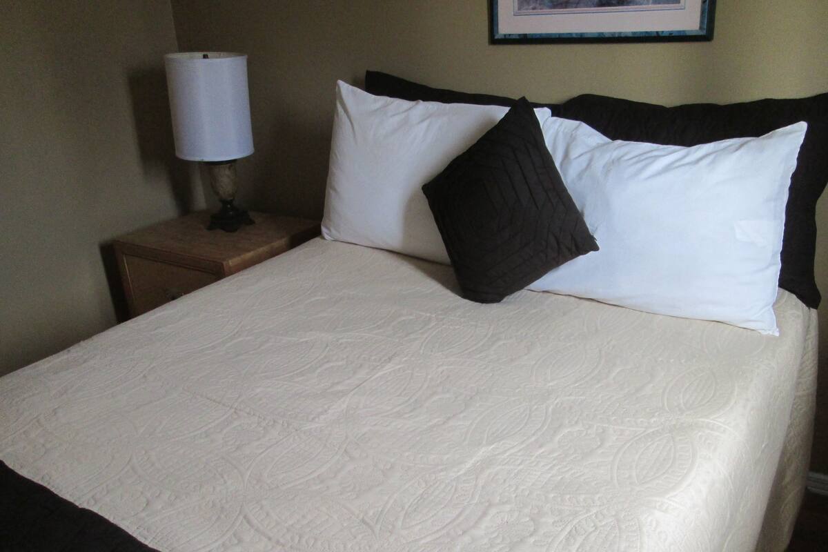 A neatly made bed with a white bedspread and two black pillows, a bedside lamp, and a framed picture on the wall.