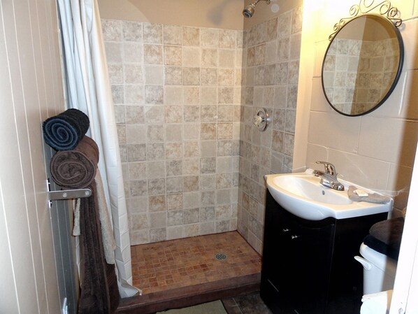 A bathroom with a shower, sink, and mirror. - Edgewater Resorts - Edgewater by the Bay (Wasaga Beach)