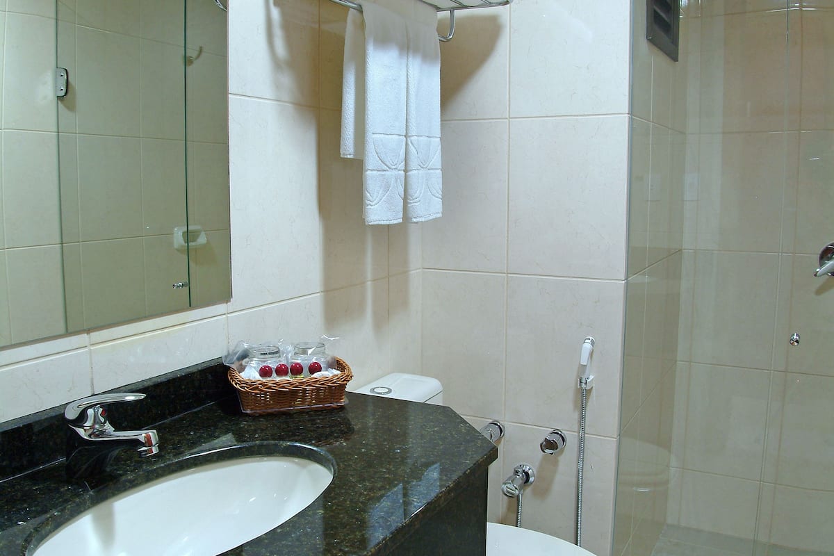 shower, free toiletries, hair dryer, towels