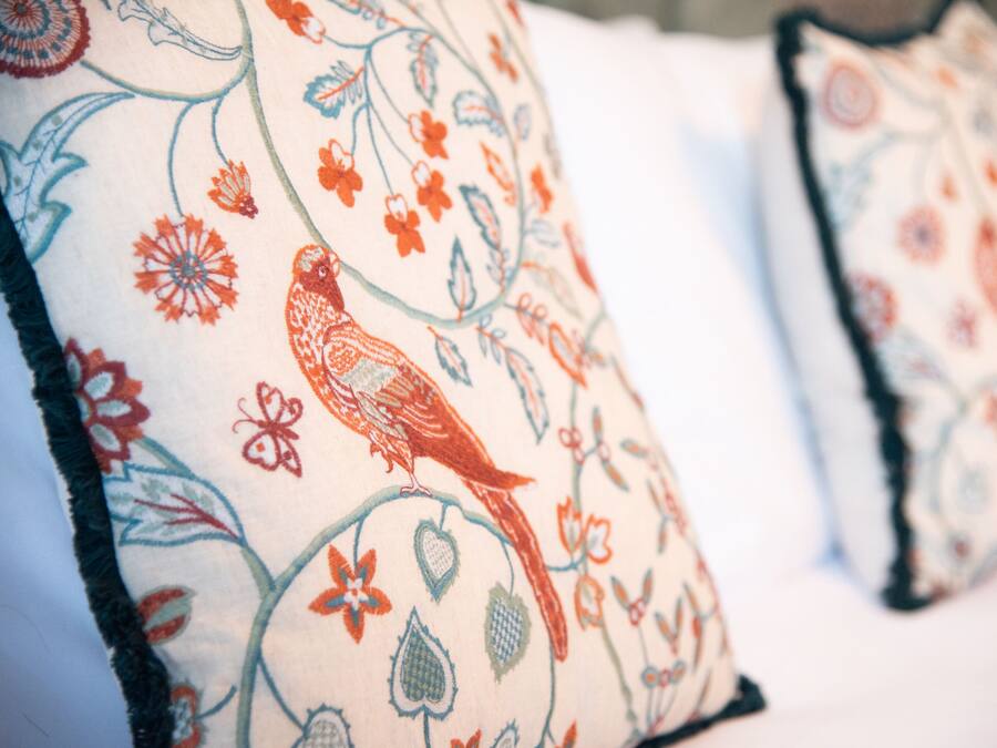 A close-up of two pillows with a floral and bird pattern.