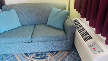 A room with a sofa, a patterned rug, and a standing heater.