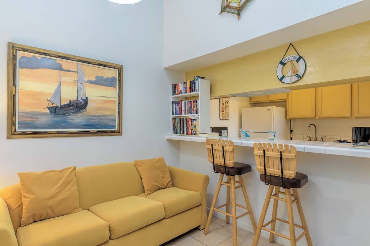 Condo básico, 1 cama King size y sofá cama, vista al océano, junto a la playa | Área de sala de estar | Televisión de 24 pulgadas con canales por cable