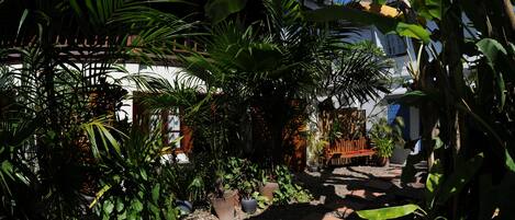 A courtyard with potted plants, a wooden bench, and a white building with a tiled roof.