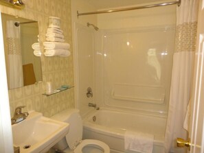 Combined shower/tub, free toiletries, hair dryer