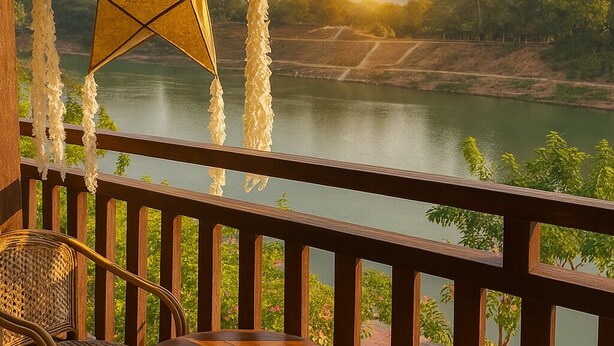 Una terraza de madera con una mesa redonda y sillas de mimbre, con vista a un río tranquilo y montañas distantes durante el atardecer.