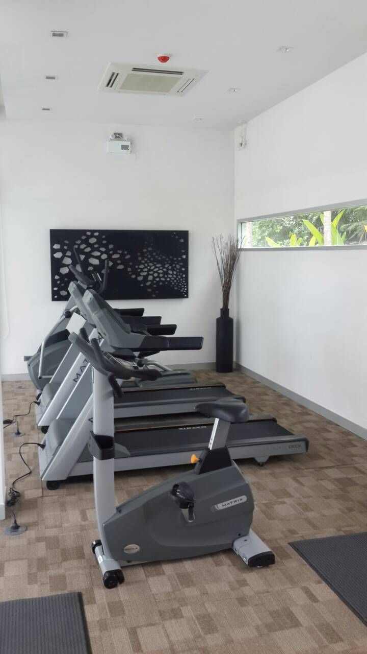 Un gimnasio con cintas de correr y una máquina elíptica, un cuadro abstracto negro en la pared, y una ventana con vistas a la vegetación.
