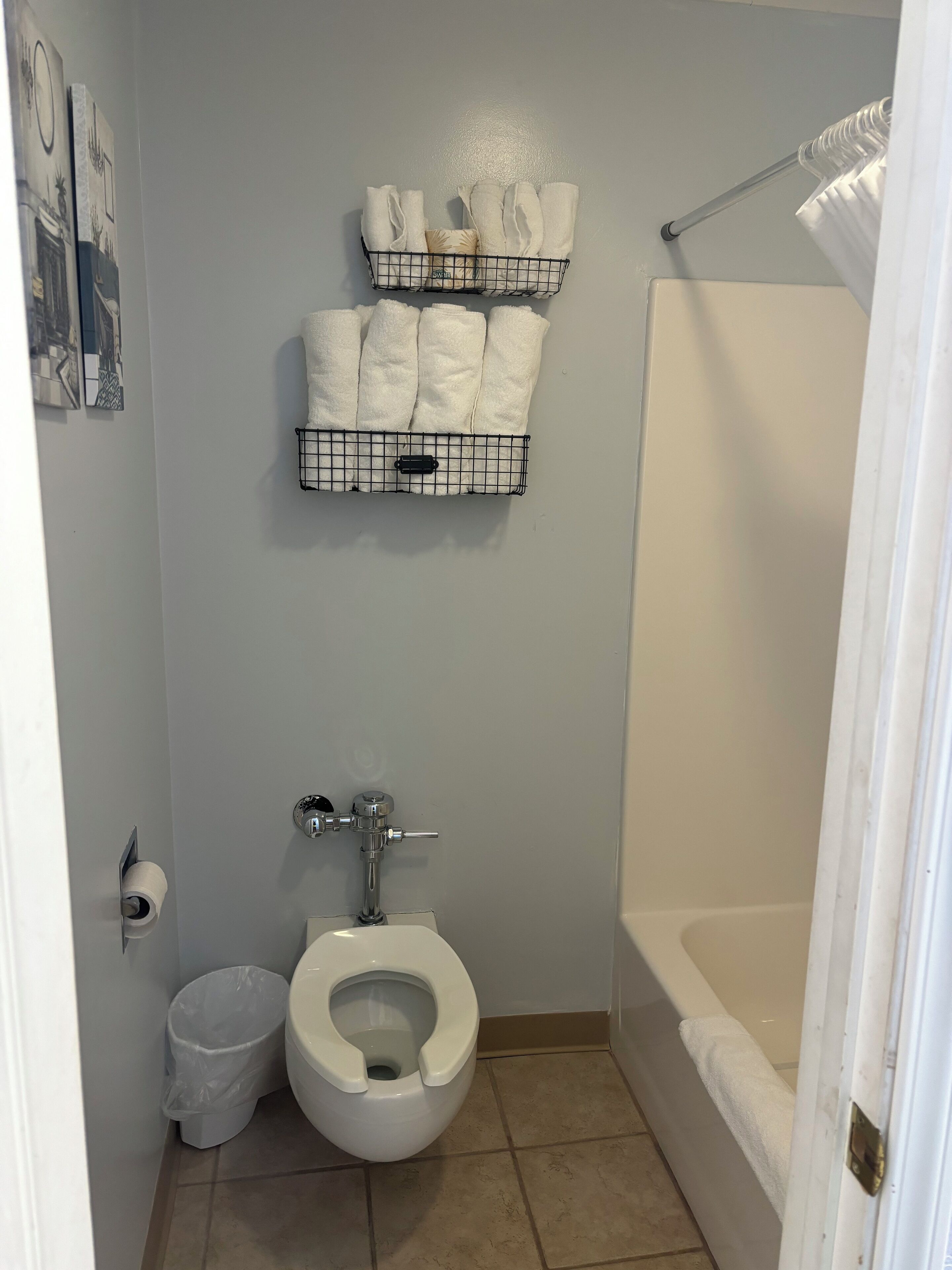Ein Badezimmer mit Toilette, einem Mülleimer, einem Handtuchhalter mit gefalteten Handtüchern und einer Duschvorhang.