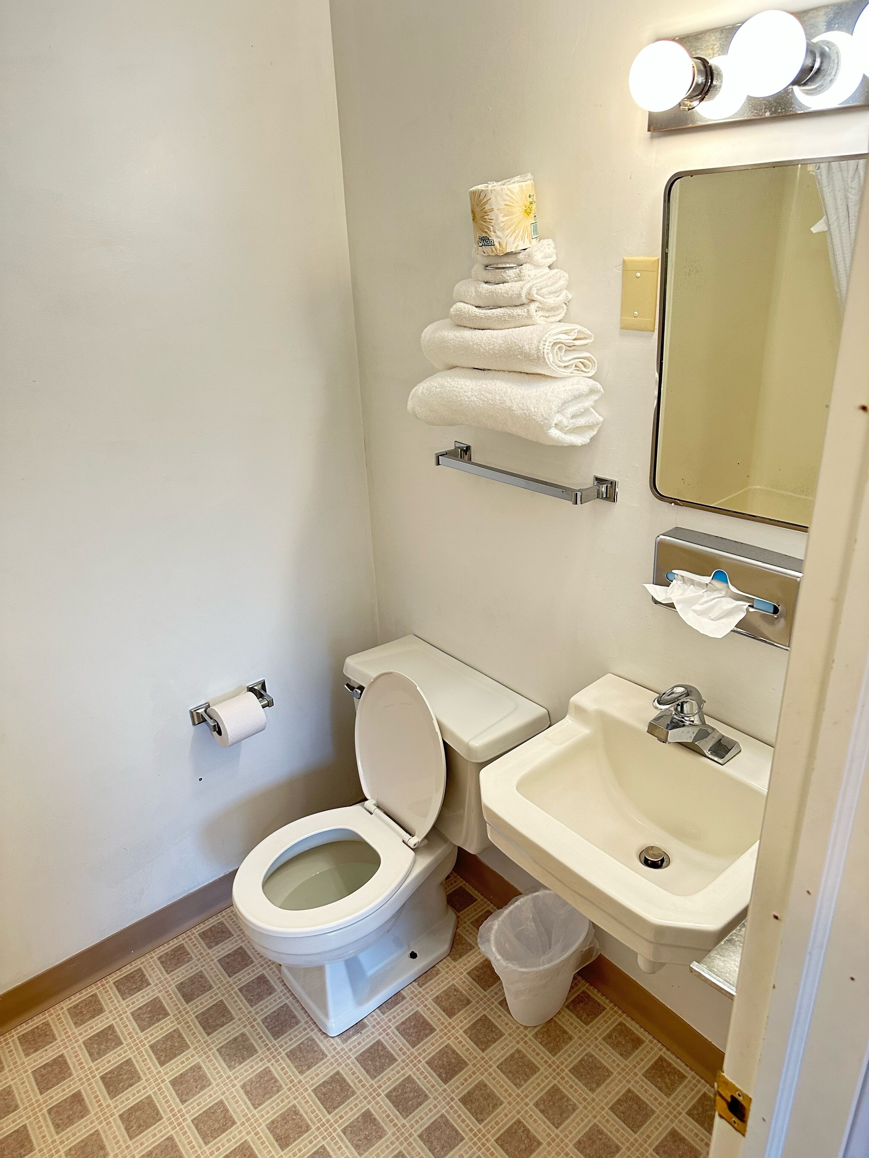 Un baño pequeño y limpio con inodoro, lavabo y espejo.