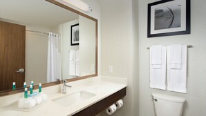 Ein Badezimmer mit einem großen Spiegel, zwei Waschbecken, einer Toilette und einem gerahmten Bild an der Wand.