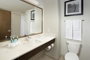 A bathroom with a large mirror, two sinks, a toilet, and a framed picture on the wall. - Holiday Inn Express & Suites Bay City by IHG (Bay City)