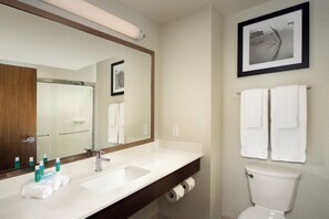A bathroom with a large mirror, a sink, a toilet, and two towels hanging on the wall. - Holiday Inn Express & Suites Bay City by IHG (Bay City)
