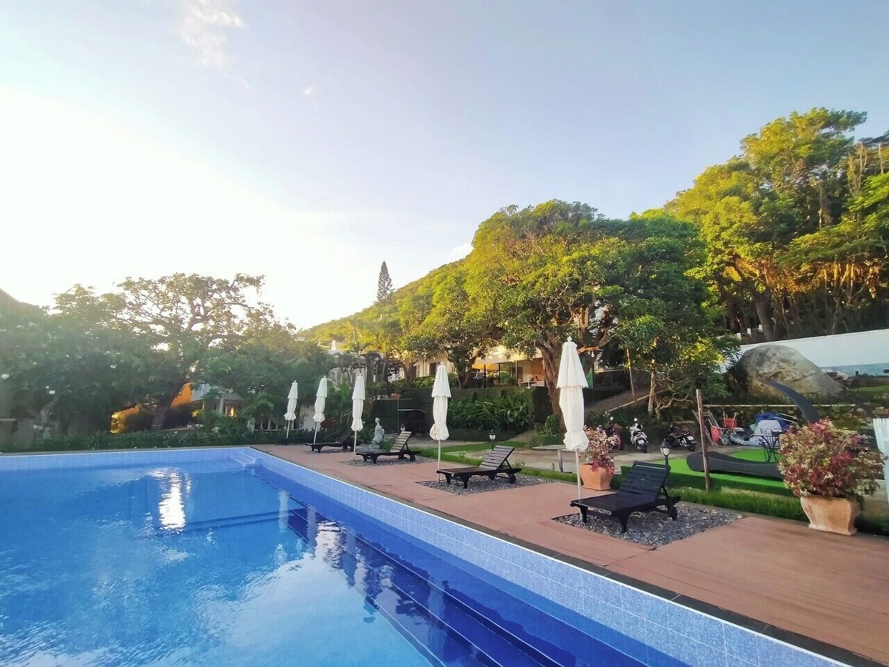 A swimming pool with lounge chairs and umbrellas, surrounded by greenery and a view of a hill.