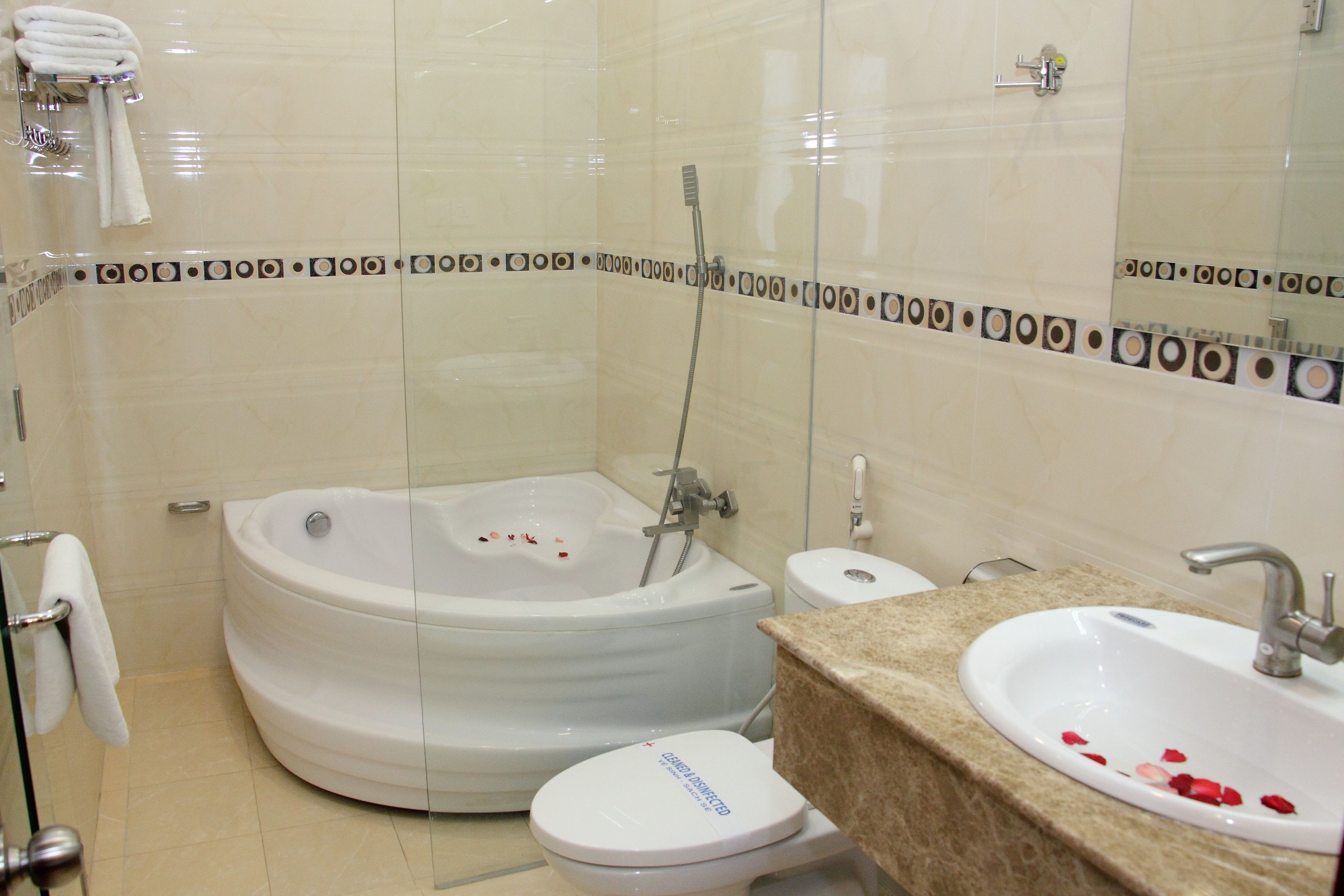 free toiletries, hair dryer, slippers, towels