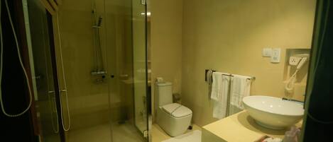 A bathroom with a glass-enclosed shower, a toilet, a sink, and a telephone.