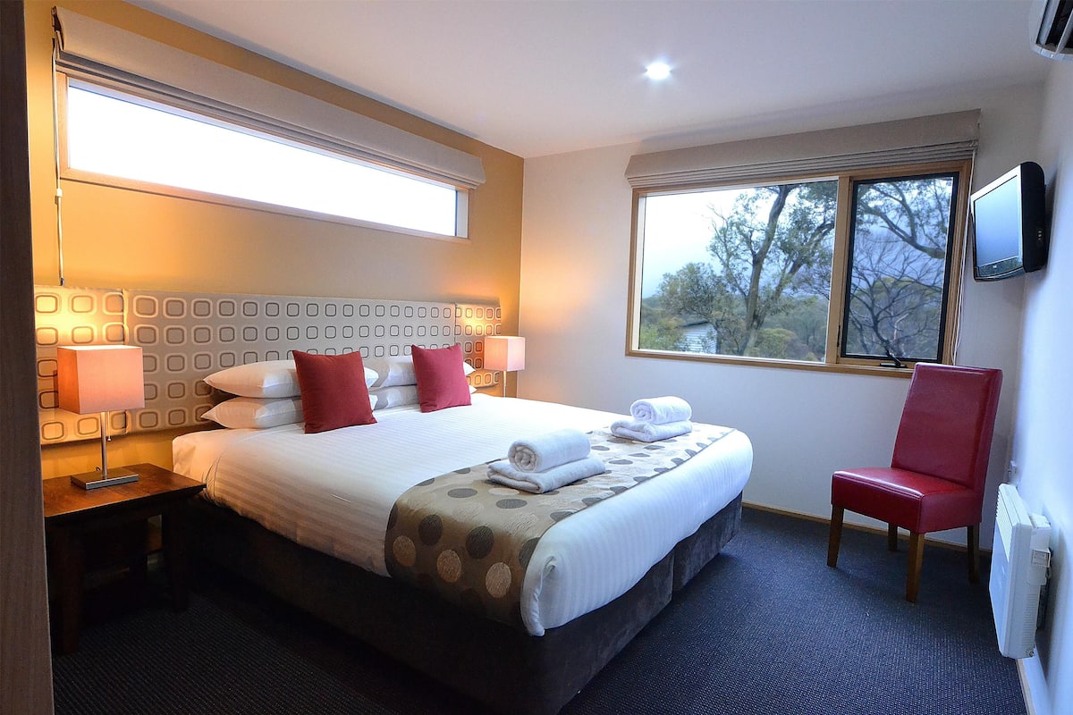 A hotel room with a large bed, a red chair, a TV, and a window with a view of trees.