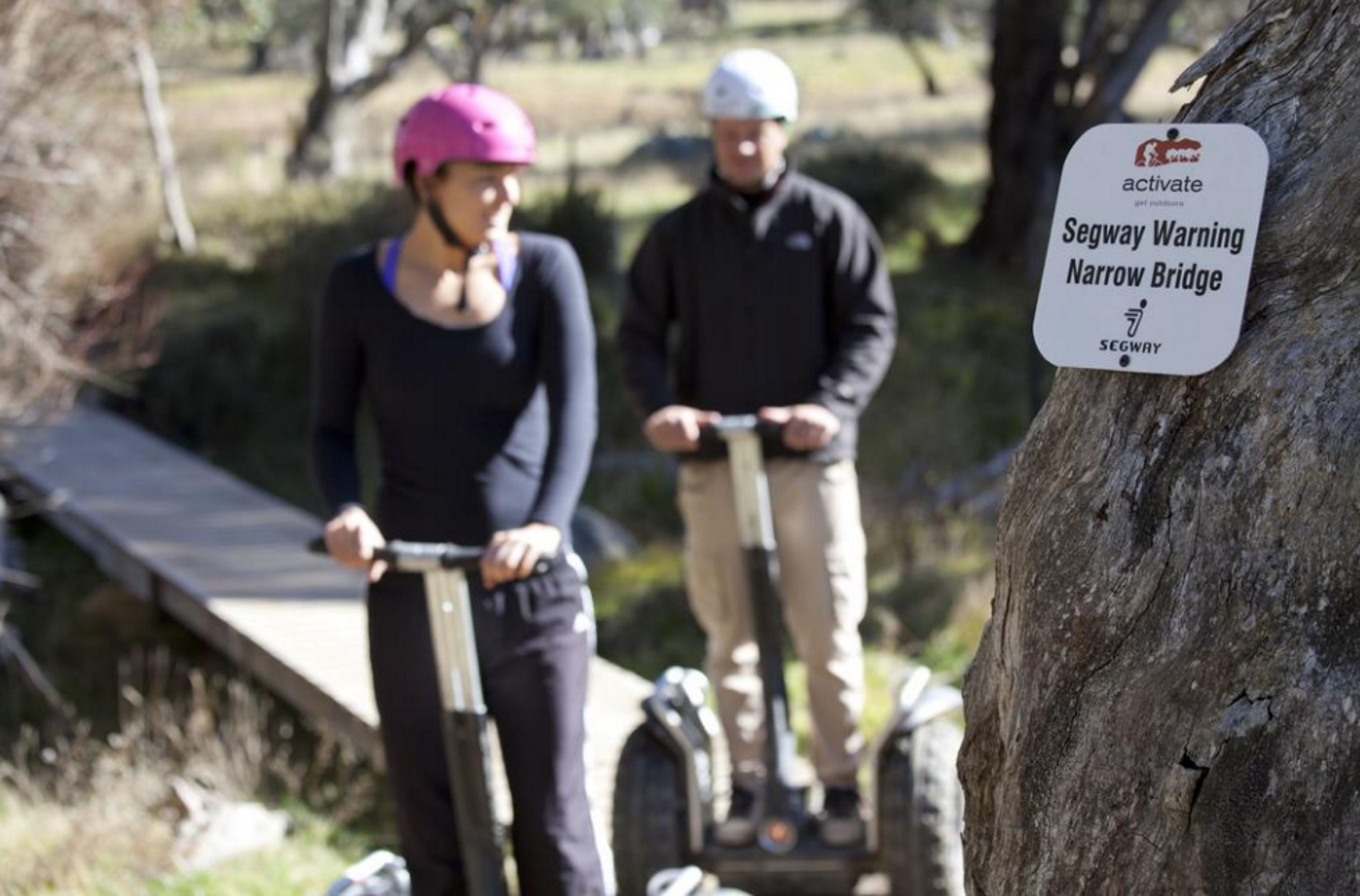 A narrow bridge warning sign on a tree.