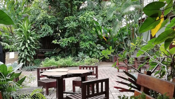 Un área de comedor al aire libre con una mesa lista para dos personas, rodeada de exuberante follaje y una pérgola de madera.