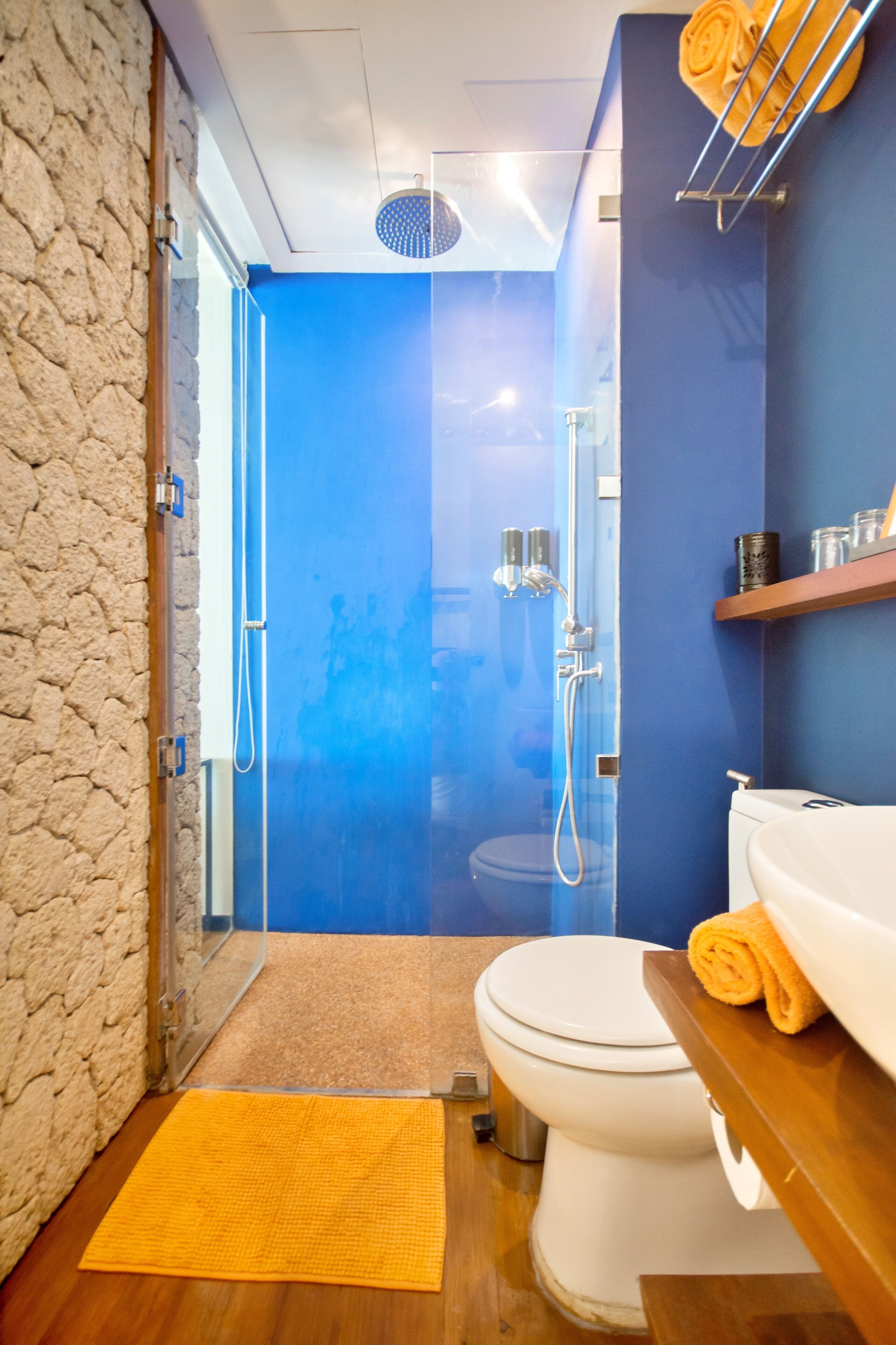 shower, rainfall showerhead, hair dryer, bathrobes